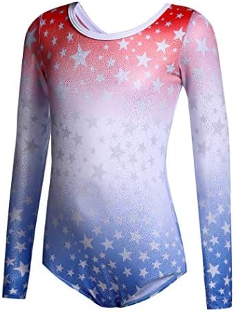 Девојки за девојки за закла, кои ги спаруваат starsвездите гимнастика долги ракави леотарди за патриотски деца во САД
