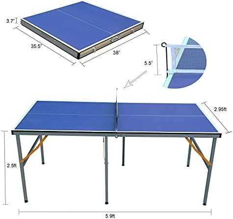 Табела за табели со табела со средна големина на САД со 6ft, преносна преносна пинг-понг табела сет со мрежа, 2 лопатки за тенис