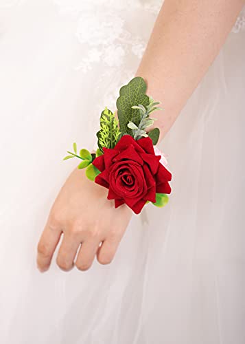 Kercisbeauty Црвена Роза Корсаж и Бутониера За Свадба Деверуша И Најдобар Човек Младоженецот Свечена Вечера, Враќање Матурска Цвет Нараквица