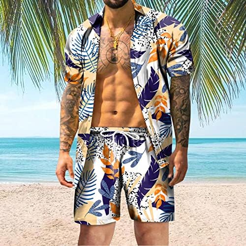 2 парчиња облека Облеки за мажи копче надолу тропска хавајска кошула и кратки комплети гроздобер празник летни облеки на плажа