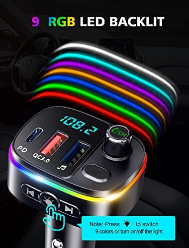 Vecuni FM предавател за автомобил Bluetooth 5.0, QC3.0 & PD 18W USB C Car Carger, 9 RGB Butlit Car Bluetooth Receivers, Bluetooth Adapter