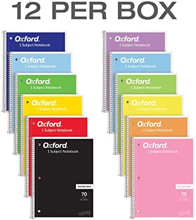 Оксфорд Спирална тетратка 12 пакет, 1 предмет, хартија управувана од колеџ, 8 x 10-1/2 инчи, разновидни бои, 70 листови