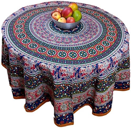 Индија уметност памук слон мандала цветни 81 тркалезна тава со црвено сино портокалово зелено
