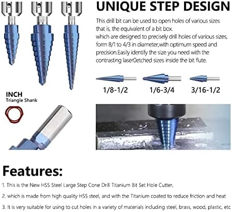Груни чекор вежба бит 3/16-1/2,1/8-1/2,1/4-3/4 3 парчиња дрво метал вежба бит сина обложена конусна дупка за дупчење 3 парчиња