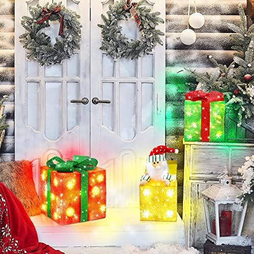 Сет од 4 Божиќни осветлени кутии за подароци и LED Дедо Мраз ги осветлуваат сегашните кутии Орнамент 60 топло бело LED со лакови за затворен отворен дом двор Божиќни укр