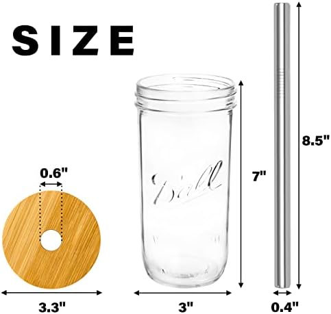 GARNETIN 4 Пакет Стаклени Чаши Во собата, 24 мл Мејсон Тегла Очила Тамблер Ладен Кафе Чаша Со Бамбус Капаци и Сребрена Слама, Боба Чај Чаша, Пиво