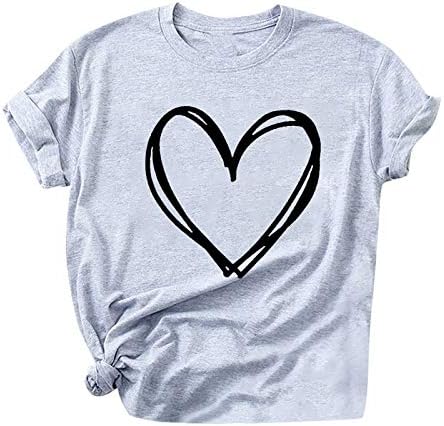 Летна обична маица за жени срца печати лабави фит блузи со екипаж на кратки ракави, врвови 2023 удобни кошули