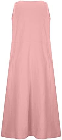Хоксин женски летен памучен постелнина фустан модни џебови обични резервоари без ракави долги фустани цврста боја лабава фит флоен фустан
