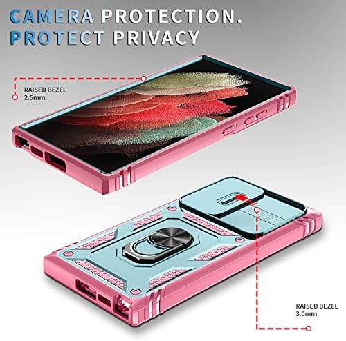 Фетрим Случај За Галакси С23 Ултра, Футрола За Покривање На Камерата Со Држач За Ротационен Прстен За Samsung Galaxy S23 Ултра 5G-Зелена Розова