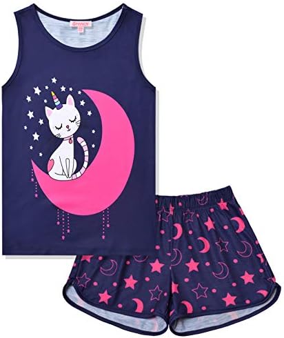 QPANCY Еднорог Пижами За Девојки Pj Поставува Летни Кошули За Спиење Без Ракави