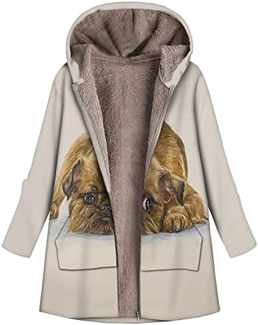 Зимски палта од басисин, Шерпа, обложени меки животински графички долги палто, плус големина по поштенски качулка, јакна од качулка
