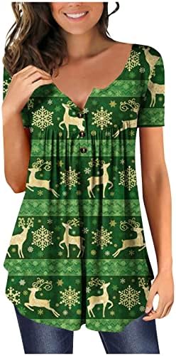 Dnuri Божиќни блузи женски копчиња за кратки ракави со кратки ракави на екипажот на вратот на врвот на обичните печати Божиќни маици Туника