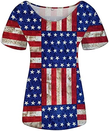 Трендовски врвови за жени кратки ракави САД Ден на независност Печатен V вратот на вратот лабава основна кошула за блуза Обични маички