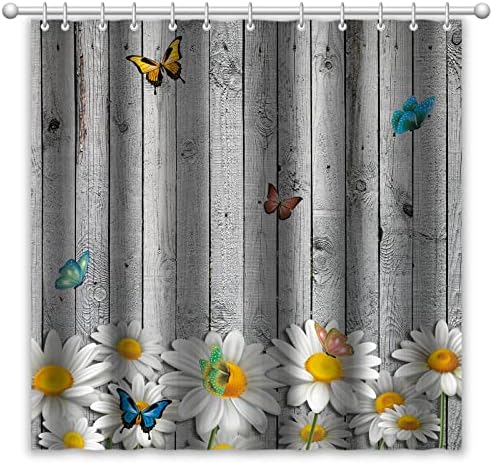 АПРОФИЧНА Рустикална Завеса За Туширање Со Цвеќиња Завеса За Туширање Со Пеперутки За Бања Гроздобер Дрвена Табла Завеса За Бања Со 12 Куки