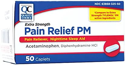 Избор за квалитет Дополнителна сила Олеснување на болката PM, помошник на болка и помош за спиење, ацетаминофен 500 мг и дифенхидрамин HCI 25