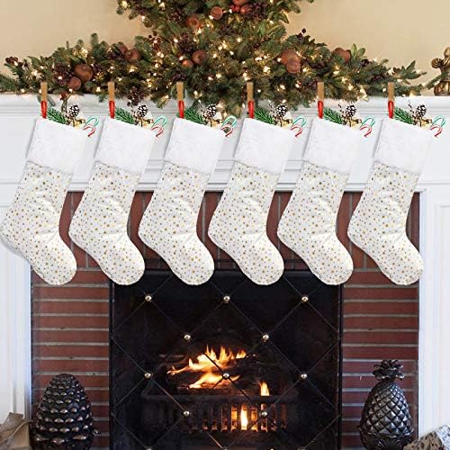 Божиќни чорапи на Лимбриџ, 6 пакувања 18 инчи сјај за златна starвезда со плишани манжетни, класични декорации за порибување за целото семејство, бело и златно