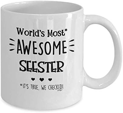 Whizk Seester Chug Смешен подарок за кафе за жени - драга душа сестра пријателка loveубов Најдобро на најубавиот роденден во светот на светот од 11 мл или голема чаша чај од 15 м?