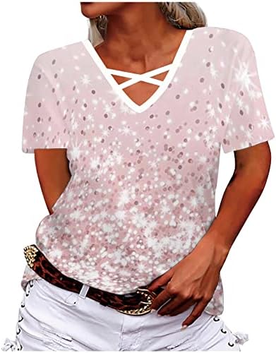 Lutенски летни маици против вратот кратки ракави врвови графички вратоврска боја печати манжетни обични модни тенок кошули