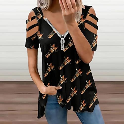 Girирафа со очила за сонце, женски ладни кошули на рамото, кратки ракави за печатење маица, обична v вратот по поштенски блузи врвови