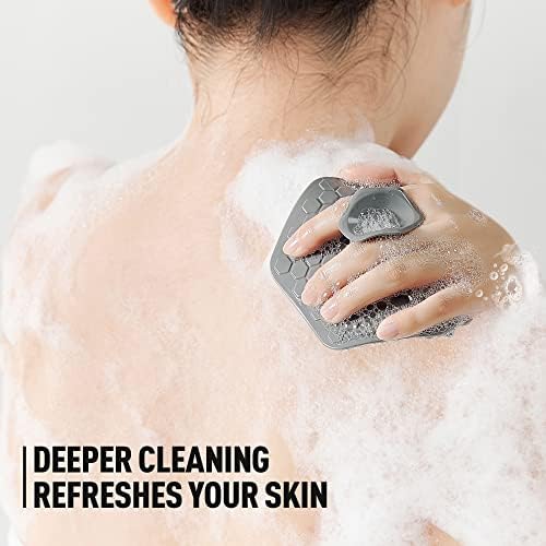 Чистач на силиконски тело, чистење на чистење на телото за миење на телото и ексфолирајќи ја кожата -чистење на четка за чистење на четки за чистење со ергономска ра