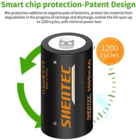Shentec Батерии За Полнење C, 5000mah 1.2 V Ni-MH Висок Капацитет 4 Пакет C Големина Батерија Со Полнач