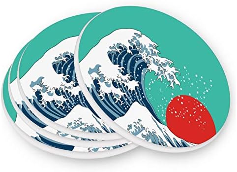 Јапонски Големи Бранови Комплет од 1, Керамички Подлога За Пијалоци, Држач За Камени Подлоги Со Основа Од Плута, Подлога За