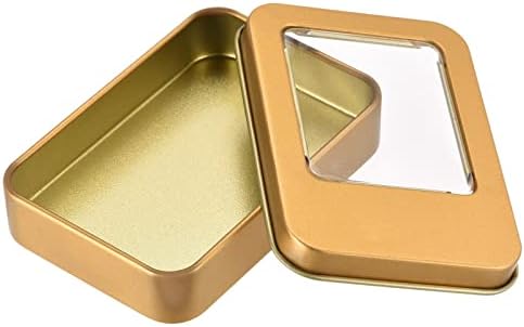 Uxcell метална калај кутија, 3,43 x 2,36 x 0,71 правоаголни празни контејнери за складирање на ливчиња со јасни капаци на прозорецот, златен