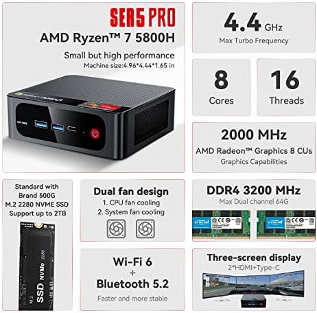 Beelink SER5 Mini PC, AMD Ryzen 7 5800H, 32GB DDR4 500GB M. 2 NVME SSD Vega 8 Графика, W11 Мини Десктоп Компјутер 4K@60Hz Троен
