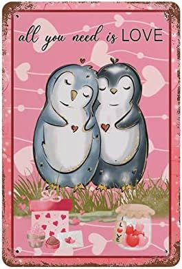 Калај знак сè што ви треба е loveубов црвено срце loveубов симпатична пингвини гроздобер смешни знаци wallидна уметност декор плакета подарок
