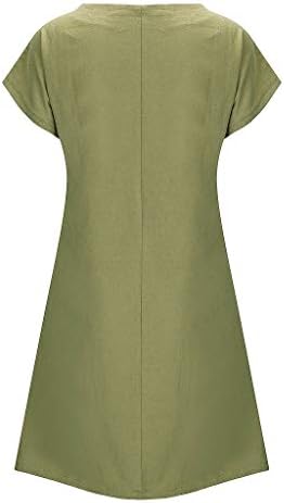 IQKA Women'sенски плус големина памучна ленена кошула фустани цветни печати везени кратки ракави V-вратоврски случајниот краток фустан