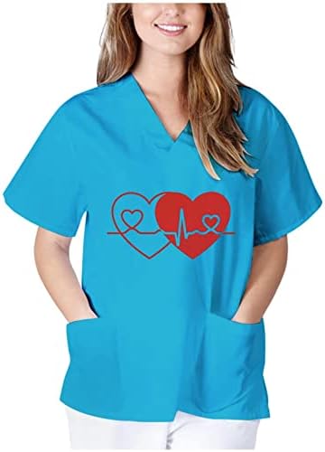 Плус големина на стружење облека за жени - врвови за медицинска сестра за печатење на срце излегуваат врвови со џебови летни врвови за жени