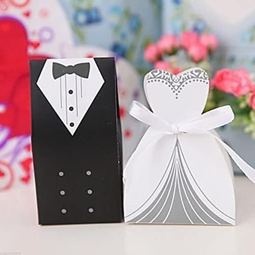 Shatchi 10ps секоја) Невеста и младоженец слатки слатки кутии за подароци со лента за украси за венчавки, бело/црно