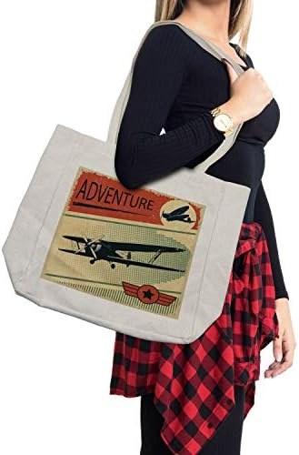 Ambesonne гроздобер торба за купување, носталгична мала на испрекината гранџ позадина епска авантура со авионска плоча графичка, еко-пријателска
