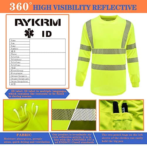 Безбедност на AYKRM Безбедност со висока видливост со долги ракави за градежни работи Класа 3 работна облека | Здраво Вис кошула