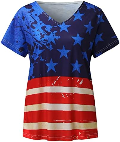 Основи Женска Кошула Жени Американска Ѕвезда Знаме Топ Кошула V Вратот Кошула Мода Кратки Ракави Врвови Врвни Жени Лабава