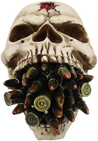 Еброс пекол свиткана воена муниција школка со куршуми што се испакнати од устата на статуата на черепот 6.25' Долга варлет Скелетна глава