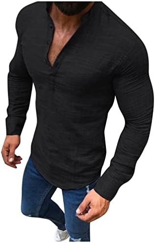 Менси кошули големо и високо копче V-вратот Обичен памучен постелнина лабава маица Топ блуза Поло кошули за мажи