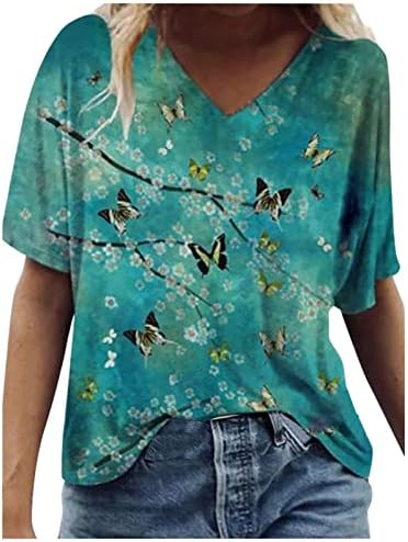 Жени со преголеми кошули 2023 година, тинејџерски девојки Пеперутка печатена пулвер ладна рамо врвови екипаж на екипаж бистични маички