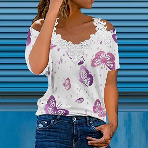 Massionенска модна маица ладна рамо капчиња чипка врвови шарени пеперутки печатат блузи 2023 летни кошули
