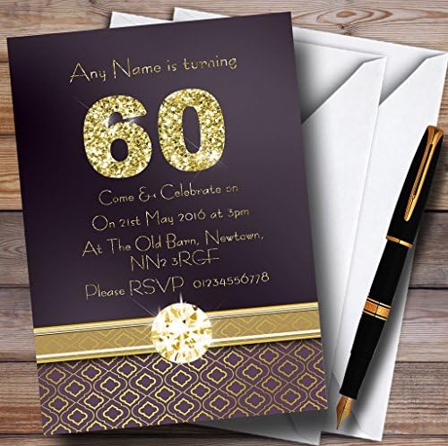 Виолетова Сатен И Злато 60-Ти Персонализирани Покани За Роденденска Забава