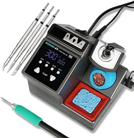 SUGON A9 Precision Soldering Station, Fast heating to 716°F in 2 seconds, 120W Soldering Iron Station kit with 3 Soldering Iron Tip, 3 Preset
