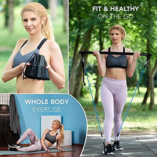 KybsFit Portable Pilates Bar комплет - опрема за пилатес со 3 ленти за отпори поставени и плен опсег за јога за фитнес на телото, преносна домашна опрема за вежбање со целосна е -к?