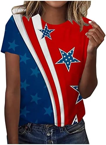 Аузист женски американско знаме маици летни обични кратки ракави на вратот на вратот на 4 јули Ден на независност Патриотски кошули