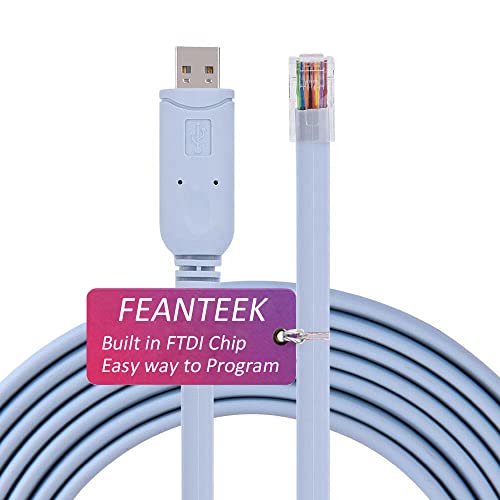 Кабел за USB конзола на Feanteek, USB до RJ45 за конзола за прекинувач Cisco со FTDI чип компатибилен Cisco, Netgear, Ubiquity, Linksys, TP-Link рутери/прекинувачи/сервер за лаптопи во Windows, Mac, Linux