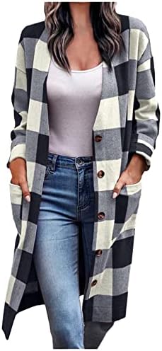 Женска шешка јакна Обично карирано копче на отворено предниот долг кардиган долг ракав џемпер џемпер кардиган надворешна облека