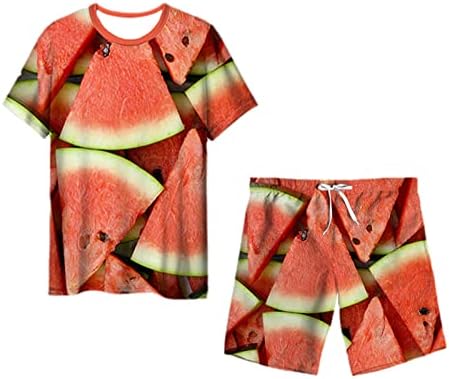 Менс смешна 3Д овошна лубеница маица за печатење+шорцеви 2 парчиња поставени случајни костуми за кратки ракави со кратки ракави