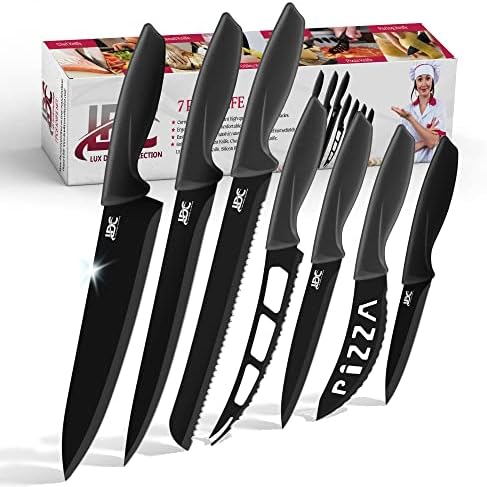 Лукс Декор Колекција Нож Сет-7 Парче Ножеви Во Собата За Кујна | Ултра Остри Назабени Нож | Црна Стек Ножеви Во Собата | Рѓа Доказ И Гребење