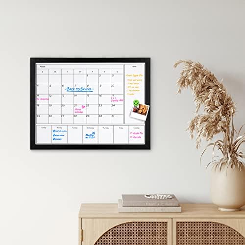 Календар на суво бришење 3-во-1 за wallид, магнетна месечна и неделна табла за календари, табла за суво бришење за wallид со црна рамка