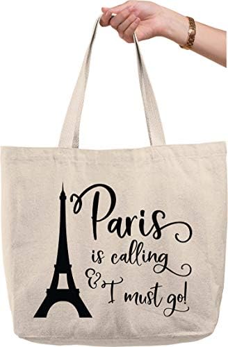Задебелени торбички торби Париз се јавува и морам да одам! Курзивна Ајфелова кула Франција loveубов природно платно торба смешен подарок