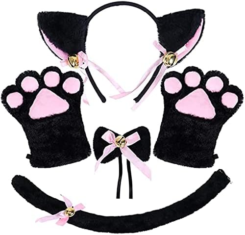 Qvkarw Enyanko стил на ракави за мачки уши! Опашка од 4 парчиња лак сет јака мачка вратоврска козмерај уши додатоци белезници